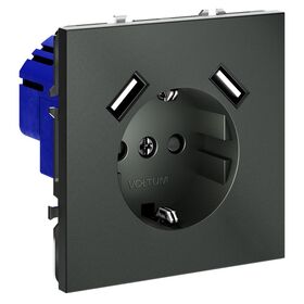 Розетка с заземлением и защитными шторками с USB A+A S70 (титан) / Voltum VLS040406