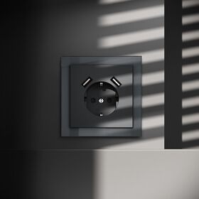 Розетка с заземлением и защитными шторками с USB A+A S70 (графит) / Voltum VLS040407